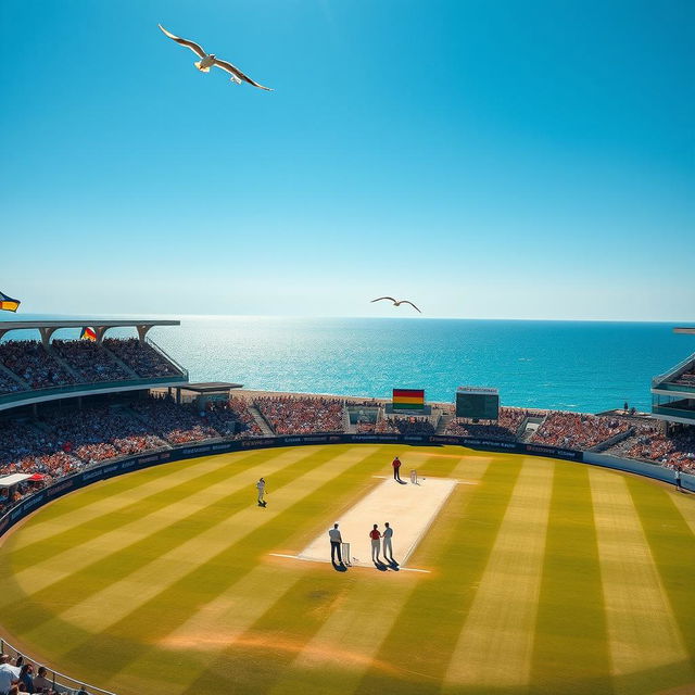 A wide-angle shot of a cricket stadium located near a shimmering blue coastline on a bright, sunny afternoon