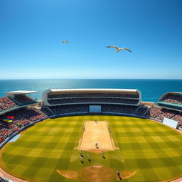A wide-angle shot of a cricket stadium located near a shimmering blue coastline on a bright, sunny afternoon