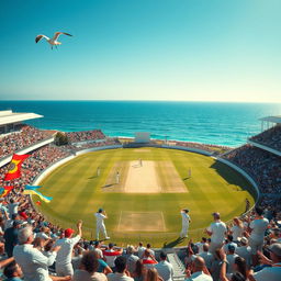 A wide-angle shot of a cricket stadium located near a shimmering blue coastline on a bright, sunny afternoon