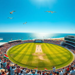 A wide-angle shot of a cricket stadium located near a shimmering blue coastline on a bright, sunny afternoon