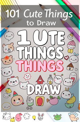 An art tutorial cover illustrating '101 Cute Things to Draw', featuring an assortment of adorable doodles