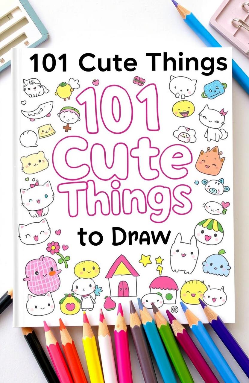 An art tutorial cover illustrating '101 Cute Things to Draw', featuring an assortment of adorable doodles