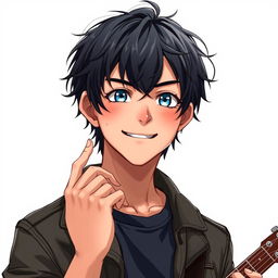 A realistic anime style character of a 20-year-old young man with dark, slightly long hair that falls messily over his forehead, creating a carefree and relaxed look