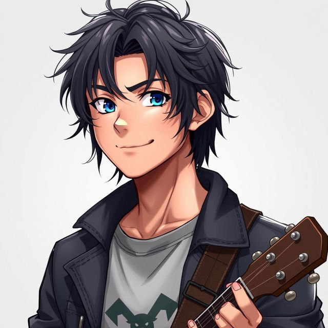 A realistic anime style character of a 20-year-old young man with dark, slightly long hair that falls messily over his forehead, creating a carefree and relaxed look