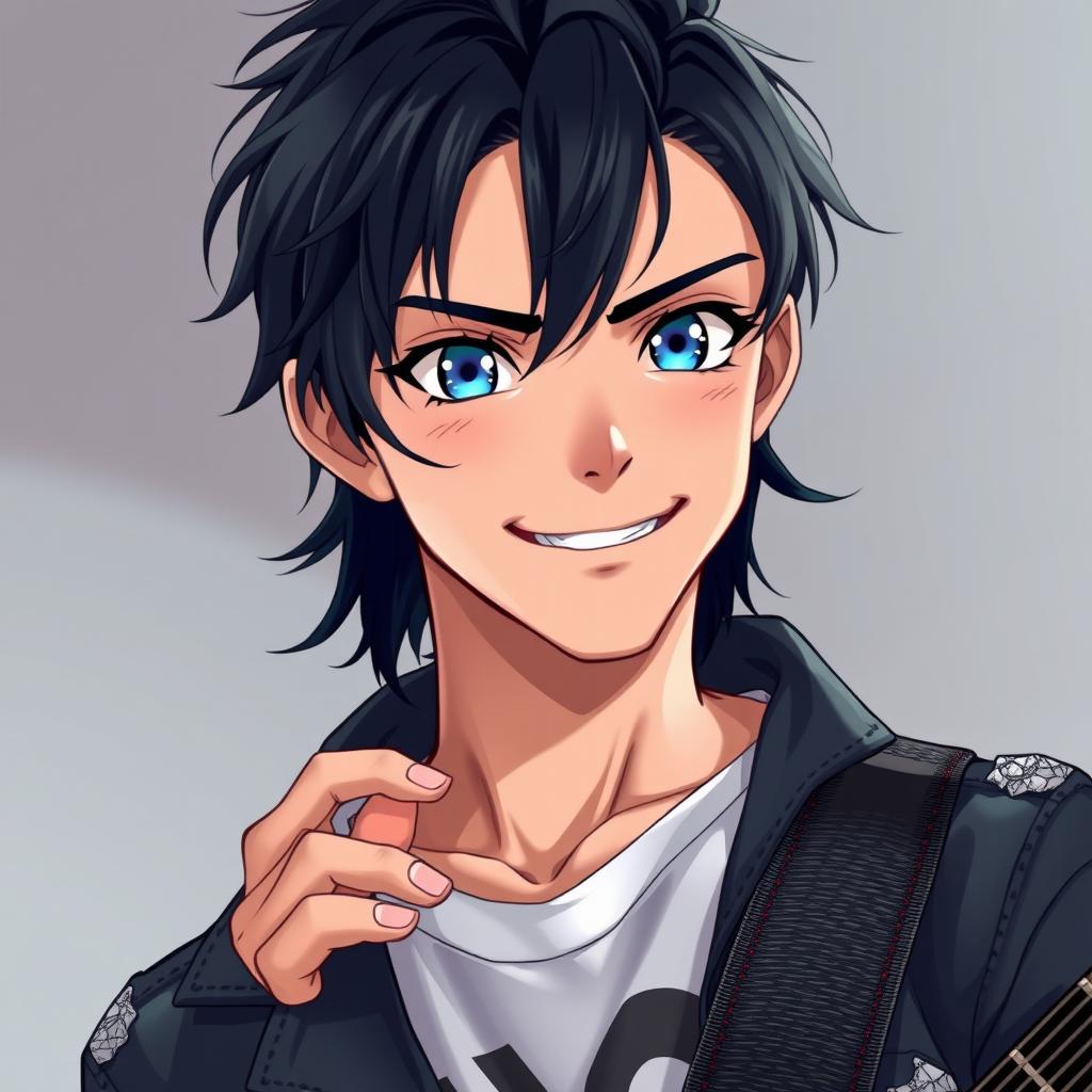 A realistic anime style character of a 20-year-old young man with dark, slightly long hair that falls messily over his forehead, creating a carefree and relaxed look