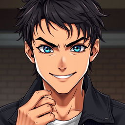 A realistic anime style character of a 20-year-old young man with dark, slightly long hair that falls messily over his forehead, creating a carefree and relaxed look