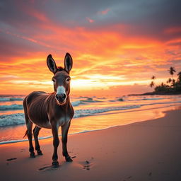 Two adorable donkeys peacefully standing on a sandy beach during a stunning sunset