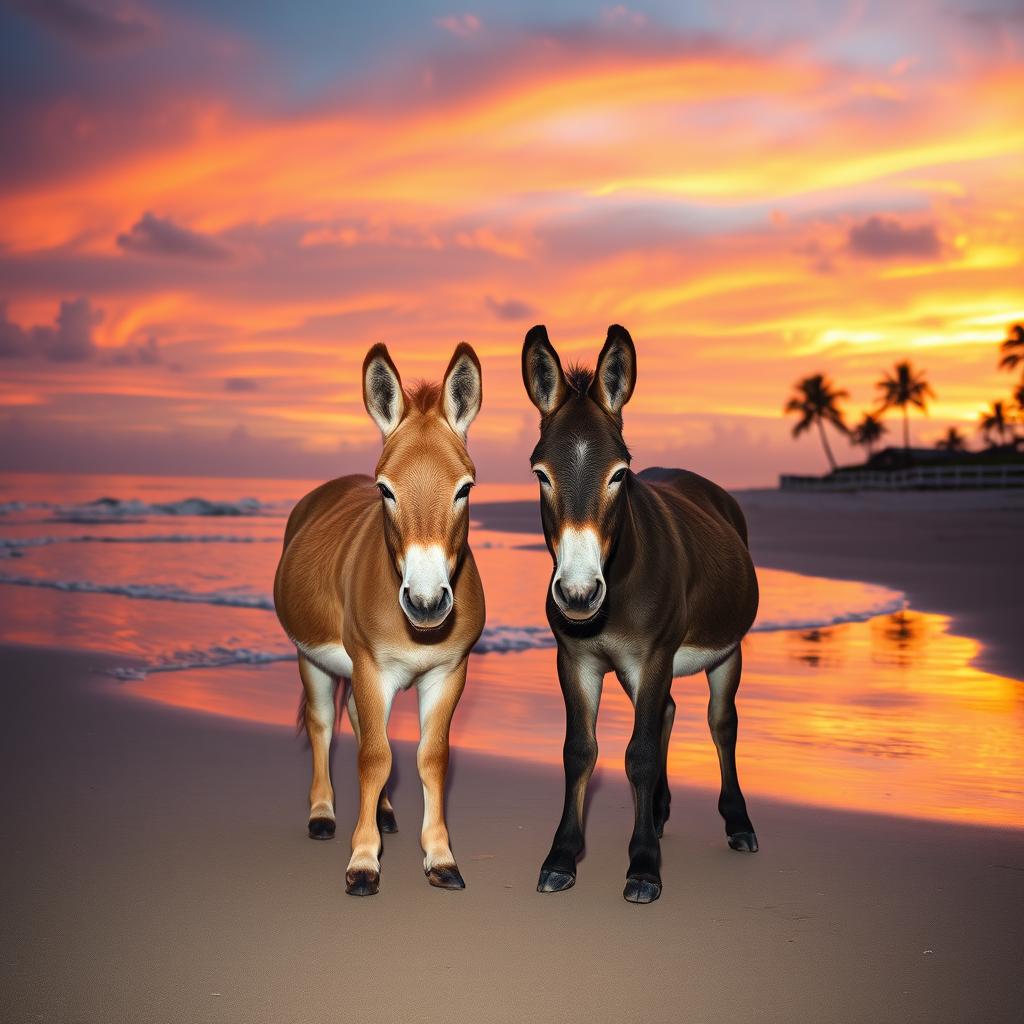 Two adorable donkeys peacefully standing on a sandy beach during a stunning sunset
