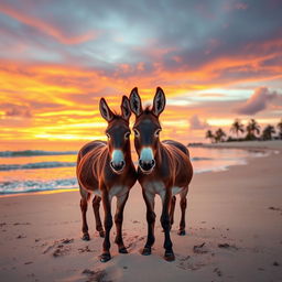 Two adorable donkeys peacefully standing on a sandy beach during a stunning sunset