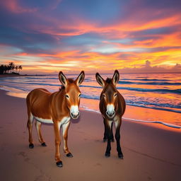 Two adorable donkeys peacefully standing on a sandy beach during a stunning sunset