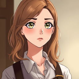 A 19-year-old young woman in a realistic anime style, featuring light brown hair that cascades in soft waves down to her shoulders, always impeccably styled yet exuding a relaxed vibe