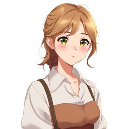 A 19-year-old young woman in a realistic anime style, featuring light brown hair that cascades in soft waves down to her shoulders, always impeccably styled yet exuding a relaxed vibe