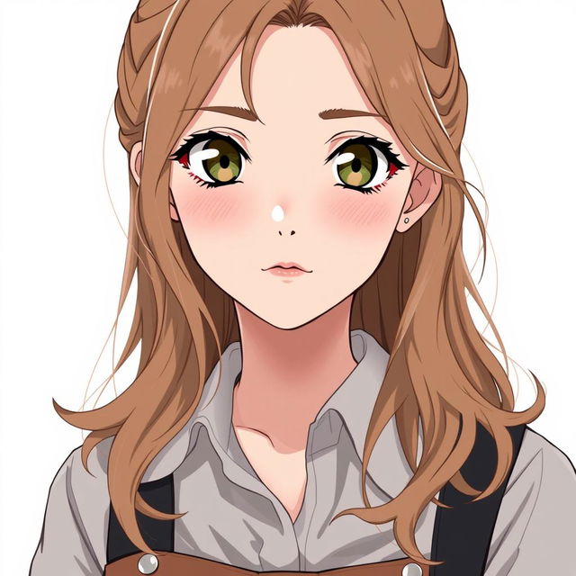 A 19-year-old young woman in a realistic anime style, featuring light brown hair that cascades in soft waves down to her shoulders, always impeccably styled yet exuding a relaxed vibe