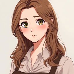 A 19-year-old young woman in a realistic anime style, featuring light brown hair that cascades in soft waves down to her shoulders, always impeccably styled yet exuding a relaxed vibe