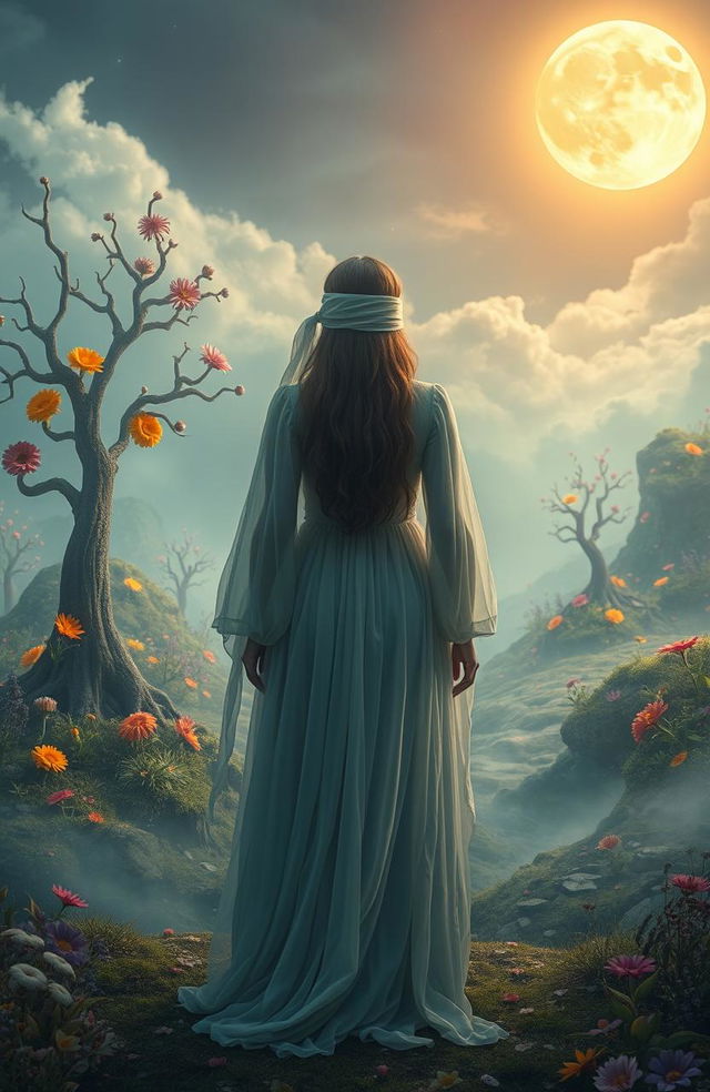 An artistic representation of a mysterious scene where a person stands with their back to the viewer, eyes blindfolded, amidst a surreal landscape