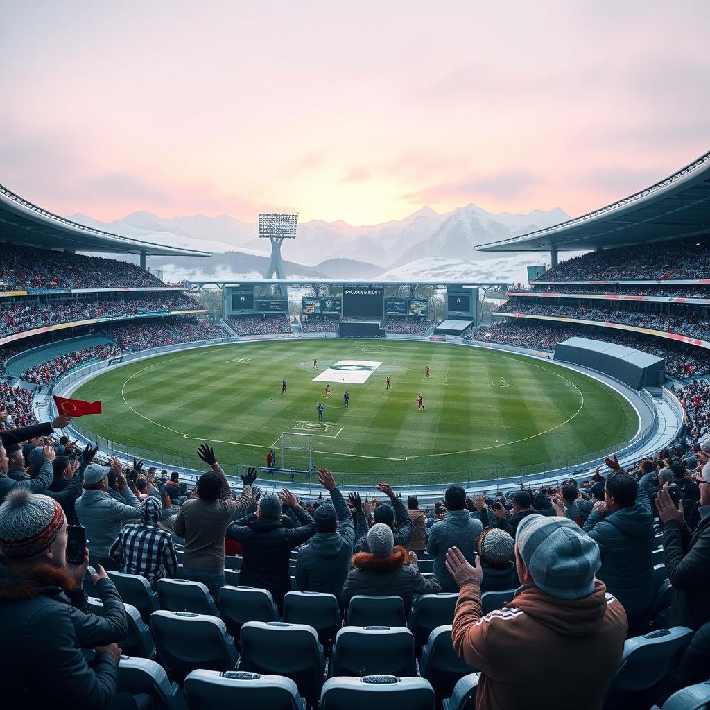 A wide-angle shot of a futuristic cricket stadium nestled in snowy landscapes under the first light of dawn