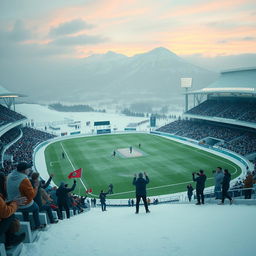 A wide-angle shot of a futuristic cricket stadium nestled in snowy landscapes under the first light of dawn