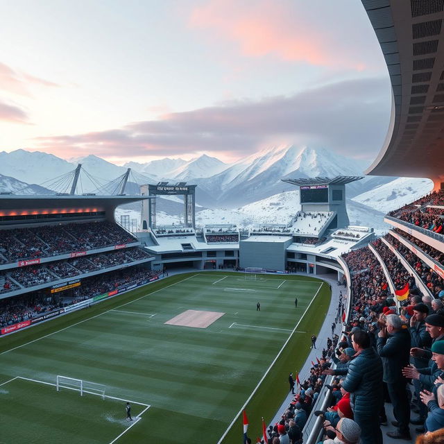 A wide-angle shot of a futuristic cricket stadium nestled in snowy landscapes under the first light of dawn