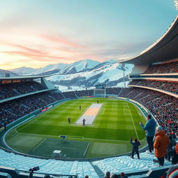 A wide-angle shot of a futuristic cricket stadium nestled in snowy landscapes under the first light of dawn