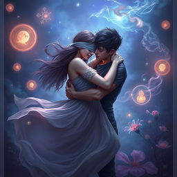 A passionate scene depicting a young man and woman in an intense embrace, surrounded by a mystical atmosphere