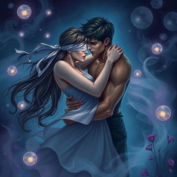 A passionate scene depicting a young man and woman in an intense embrace, surrounded by a mystical atmosphere