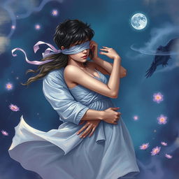 A passionate scene depicting a young man and woman in an intense embrace, surrounded by a mystical atmosphere