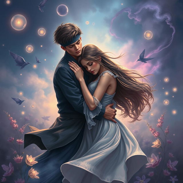 A passionate scene depicting a young man and woman in an intense embrace, surrounded by a mystical atmosphere