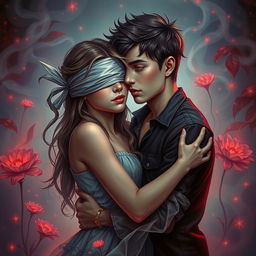 A captivating scene featuring a young couple, a girl and a boy, entwined in a passionate embrace