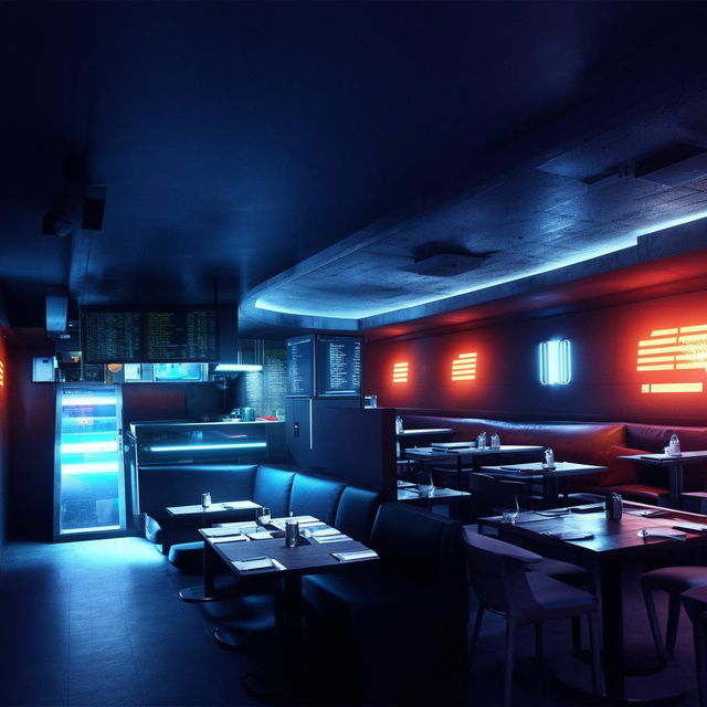 Dimly lit, futuristic restaurant with six dining tables and a sofa to the left of the door. A counter can be found on the right and a door directly ahead.