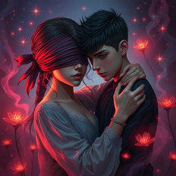 A captivating scene featuring a young couple, a girl and a boy, entwined in a passionate embrace
