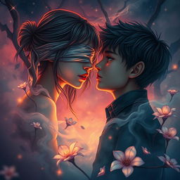 A captivating scene featuring a girl and a boy deeply connected, surrounded by an aura of mystery and desire