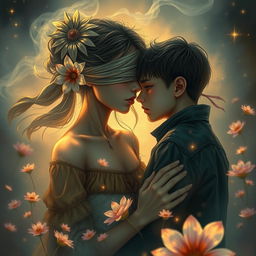 A captivating scene featuring a girl and a boy deeply connected, surrounded by an aura of mystery and desire