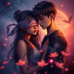 A captivating scene featuring a girl and a boy deeply connected, surrounded by an aura of mystery and desire