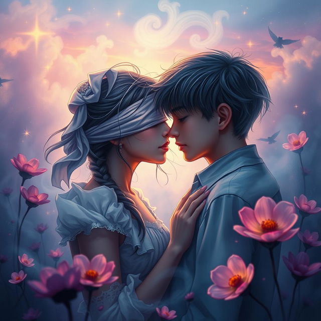 A captivating scene featuring a girl and a boy deeply connected, surrounded by an aura of mystery and desire