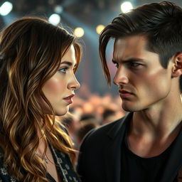 A scene featuring a 19-year-old young woman with light brown hair falling in soft waves to her shoulders, impeccably styled yet relaxed, and a young man with dark, slightly long hair, both locked in an intense gaze filled with hatred and anger towards each other