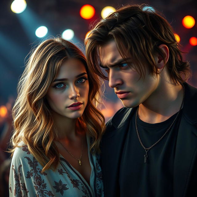 A scene featuring a 19-year-old young woman with light brown hair falling in soft waves to her shoulders, impeccably styled yet relaxed, and a young man with dark, slightly long hair, both locked in an intense gaze filled with hatred and anger towards each other