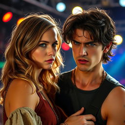 A scene featuring a 19-year-old young woman with light brown hair falling in soft waves to her shoulders, impeccably styled yet relaxed, and a young man with dark, slightly long hair, both locked in an intense gaze filled with hatred and anger towards each other