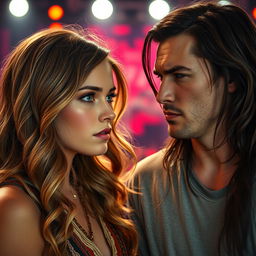 A scene featuring a 19-year-old young woman with light brown hair falling in soft waves to her shoulders, impeccably styled yet relaxed, and a young man with dark, slightly long hair, both locked in an intense gaze filled with hatred and anger towards each other