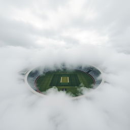 An aerial wide-angle shot of an empty cricket stadium enveloped in a thick blanket of soft, grey clouds