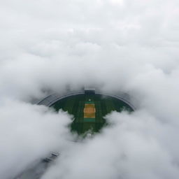 An aerial wide-angle shot of an empty cricket stadium enveloped in a thick blanket of soft, grey clouds