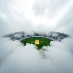 An aerial wide-angle shot of an empty cricket stadium enveloped in a thick blanket of soft, grey clouds