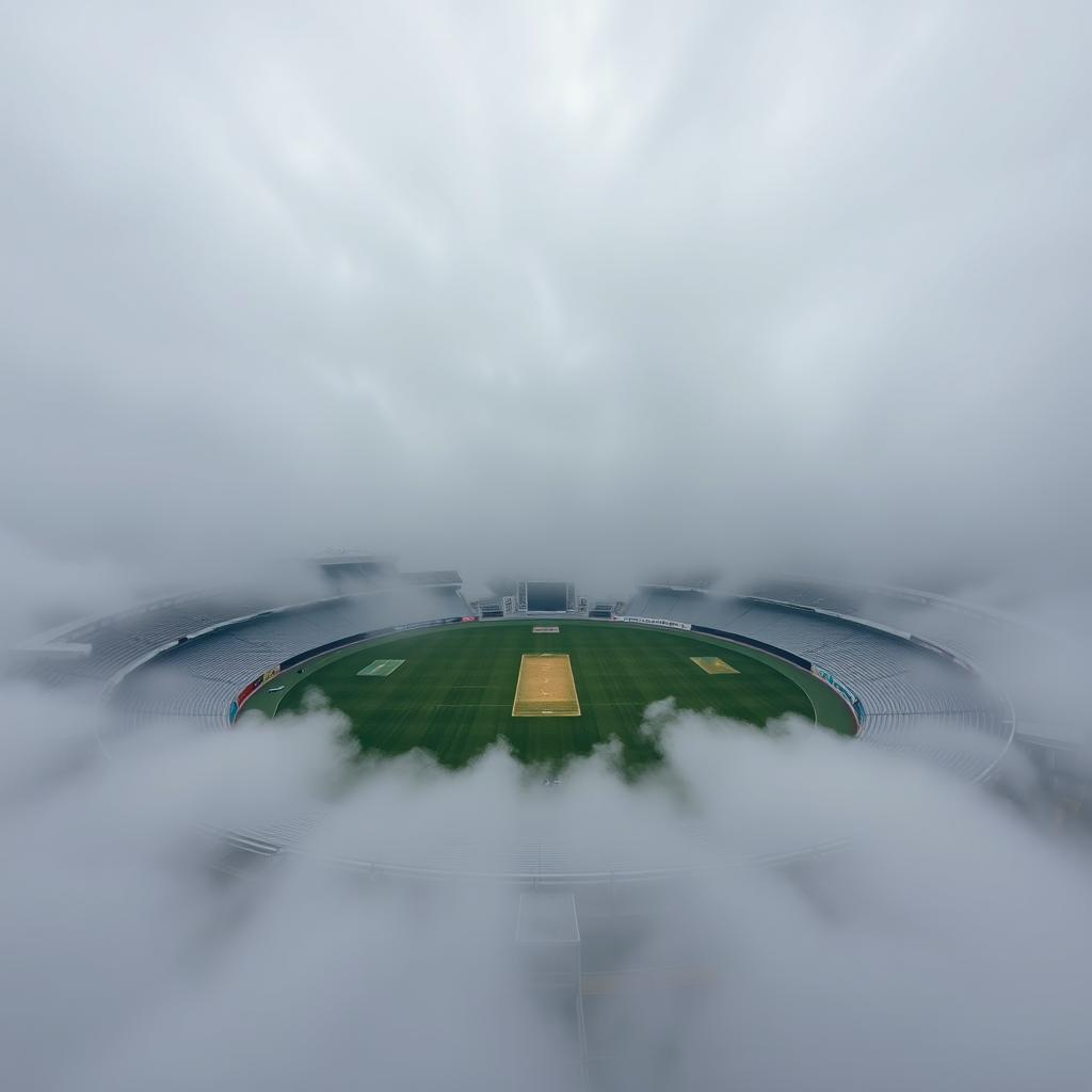 An aerial wide-angle shot of an empty cricket stadium enveloped in a thick blanket of soft, grey clouds