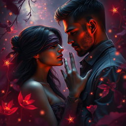 A mesmerizing scene featuring a young woman and a man caught in a moment of intense passion
