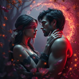 A mesmerizing scene featuring a young woman and a man caught in a moment of intense passion