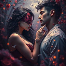 A mesmerizing scene featuring a young woman and a man caught in a moment of intense passion