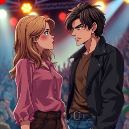 A scene in realistic anime style featuring a 19-year-old young woman and a 20-year-old young man, both locked in an intense gaze filled with hatred and anger towards each other