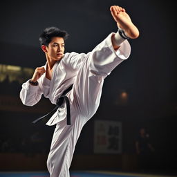 A dynamic and intense scene showcasing a male taekwondo athlete in action, inspired by the energy and style of Kim Taehyung