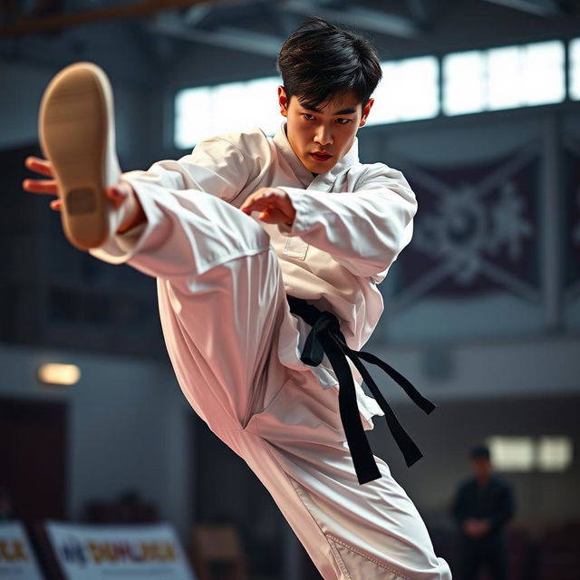 A dynamic and intense scene showcasing a male taekwondo athlete in action, inspired by the energy and style of Kim Taehyung