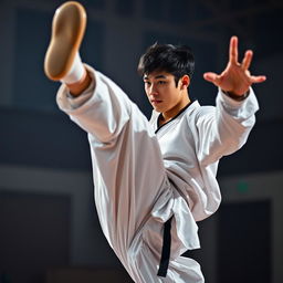 A dynamic and intense scene showcasing a male taekwondo athlete in action, inspired by the energy and style of Kim Taehyung