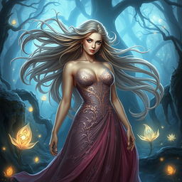 A captivating and artistic portrayal of a fantasy landscape featuring a powerful female figure with long, flowing hair, dressed in an elegant, shimmering gown